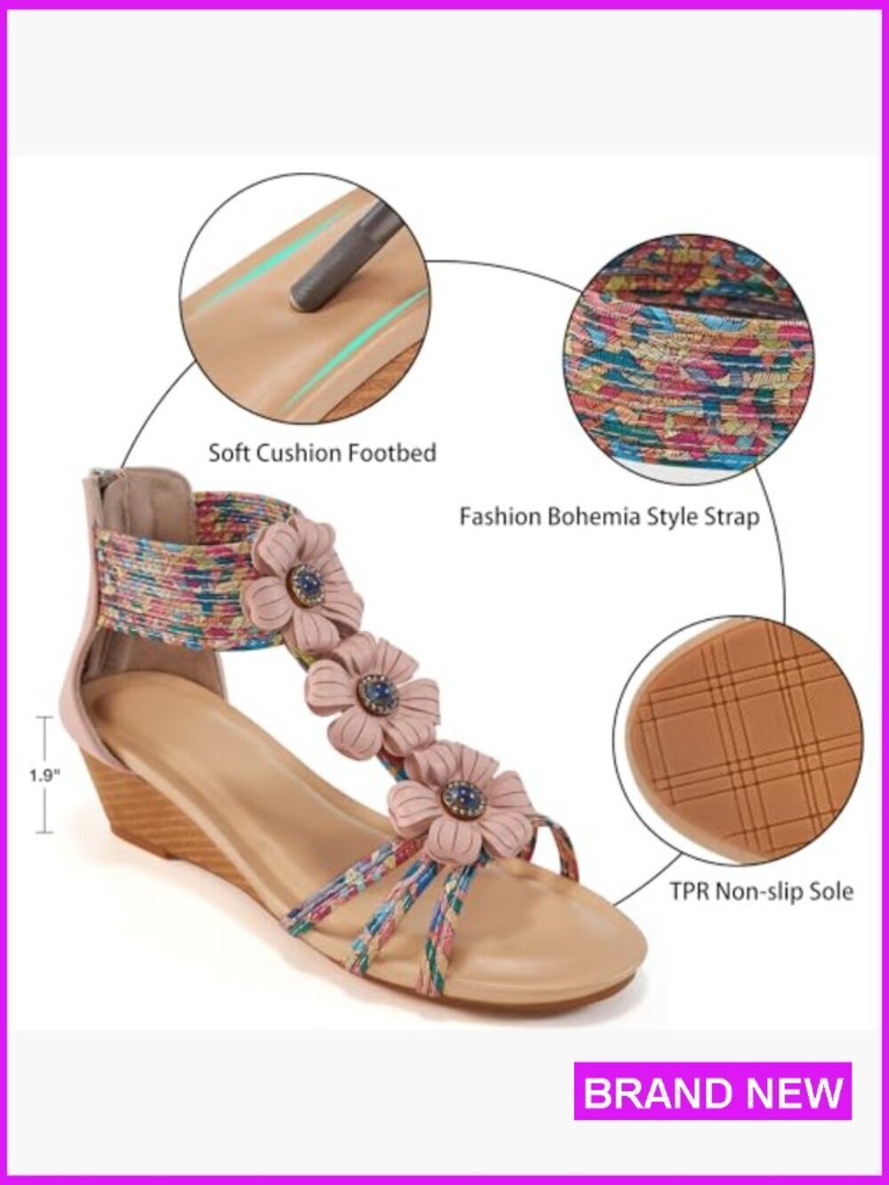 Wedge Sandals Open Toe Zipper Ankle Strap Bohemian Floral Summer Dressy Casual - Picture 6 of 7